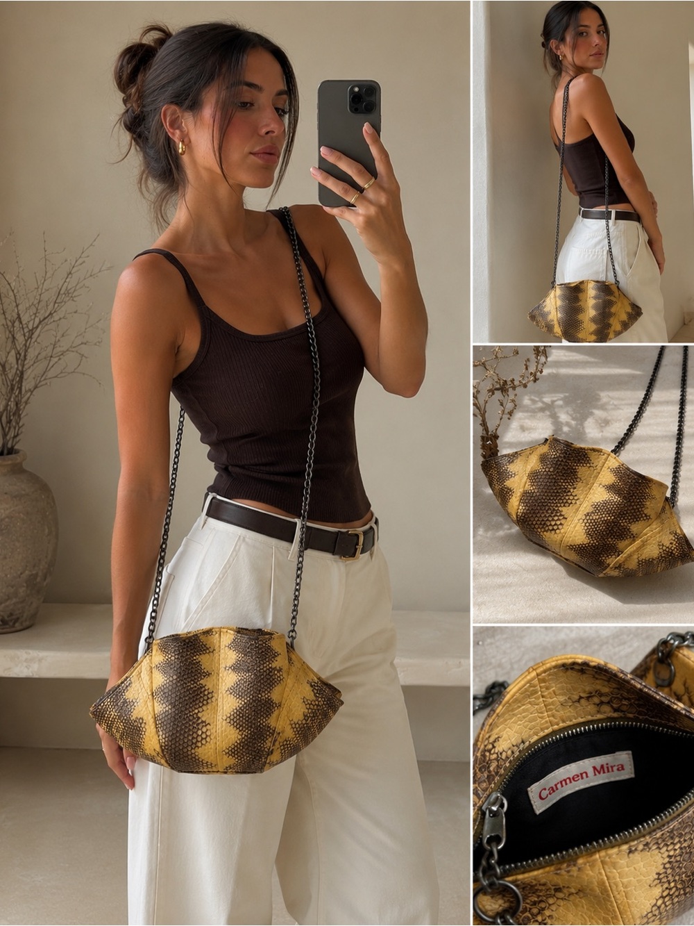 Vintage Carmen Mira Genuine Python Snakeskin Accordion Clutch Shoulder Bag Rare